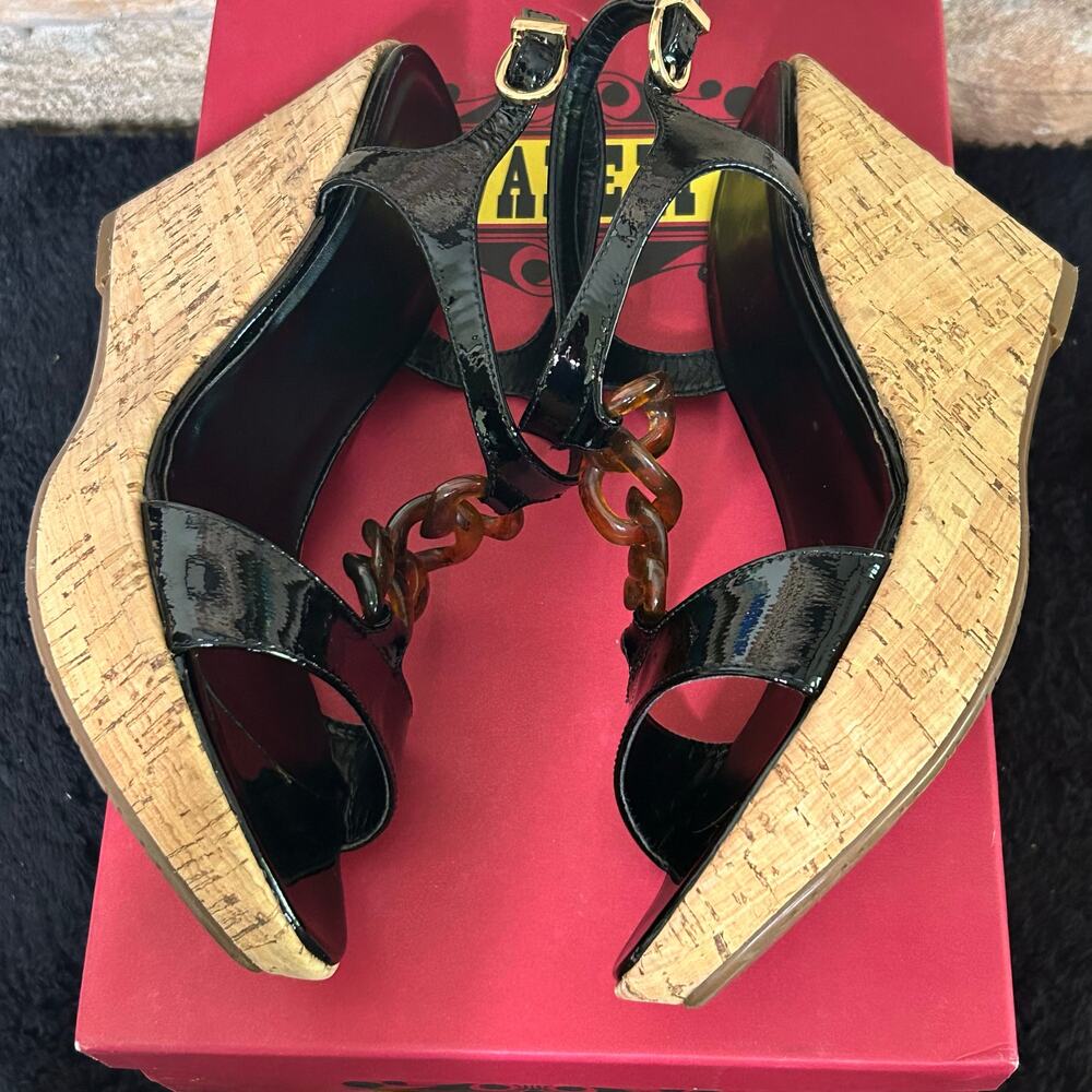 Vaneli Emalee Black Patent Ankle Strap Cork Wedge Peep Toe Sandals Sz 8 - Picture 11 of 11